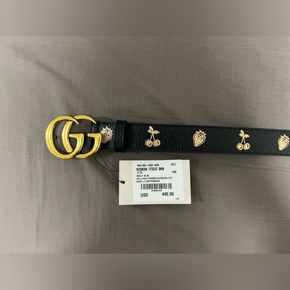 New Gucci Belt GG marmont Belt Black leather belt Cherry Strawberry size 100 - Picture 2 of 10